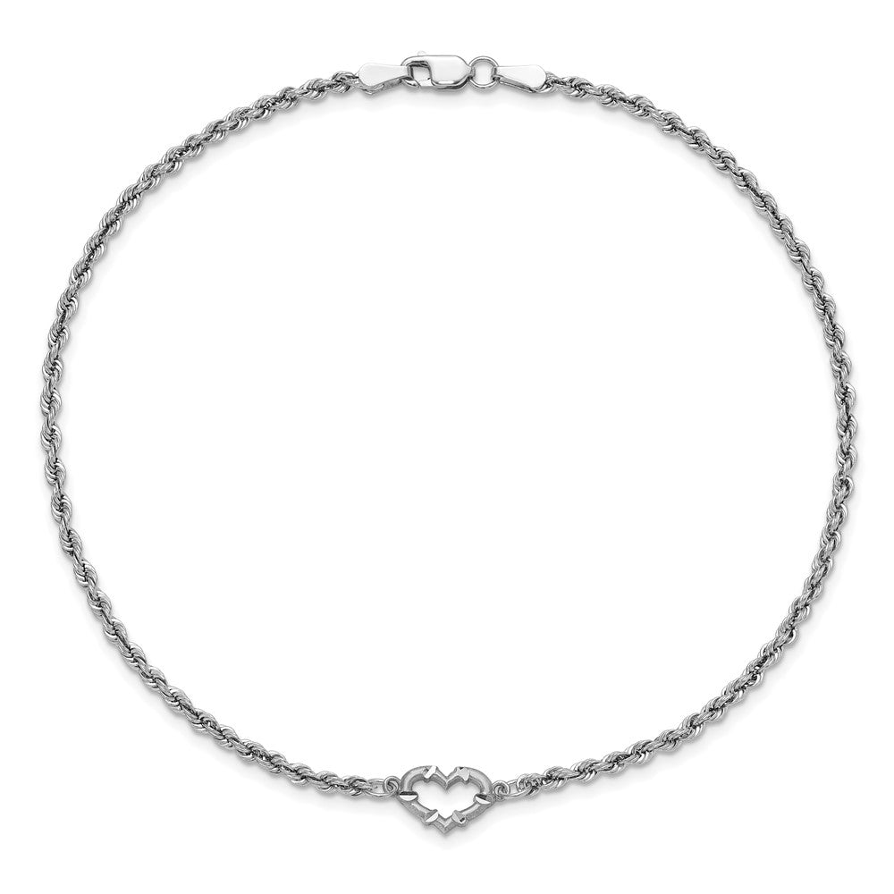 14k White Gold Diamond-cut Open Heart and Rope Chain 9 inch Anklet