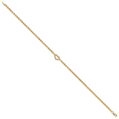 14k Diamond-cut Open Heart and Rope Chain 11 inch Anklet