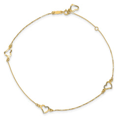 14k Diamond-cut Open Heart 3-Station 9 inch Plus 1 inch Extender - Total 10 inch Anklet