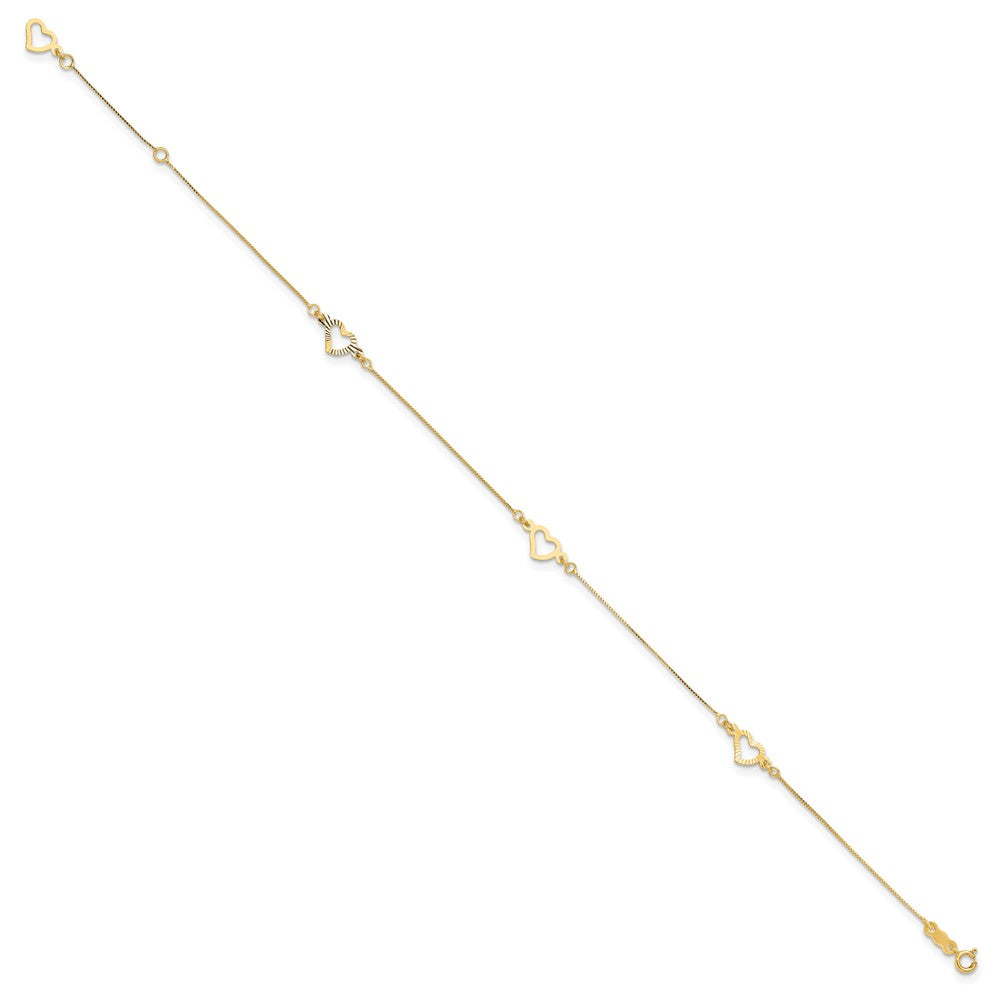 14K Fancy Open Hearts 3-Station 10 inch Plus 1 inch Extender - Total 11 inch Anklet