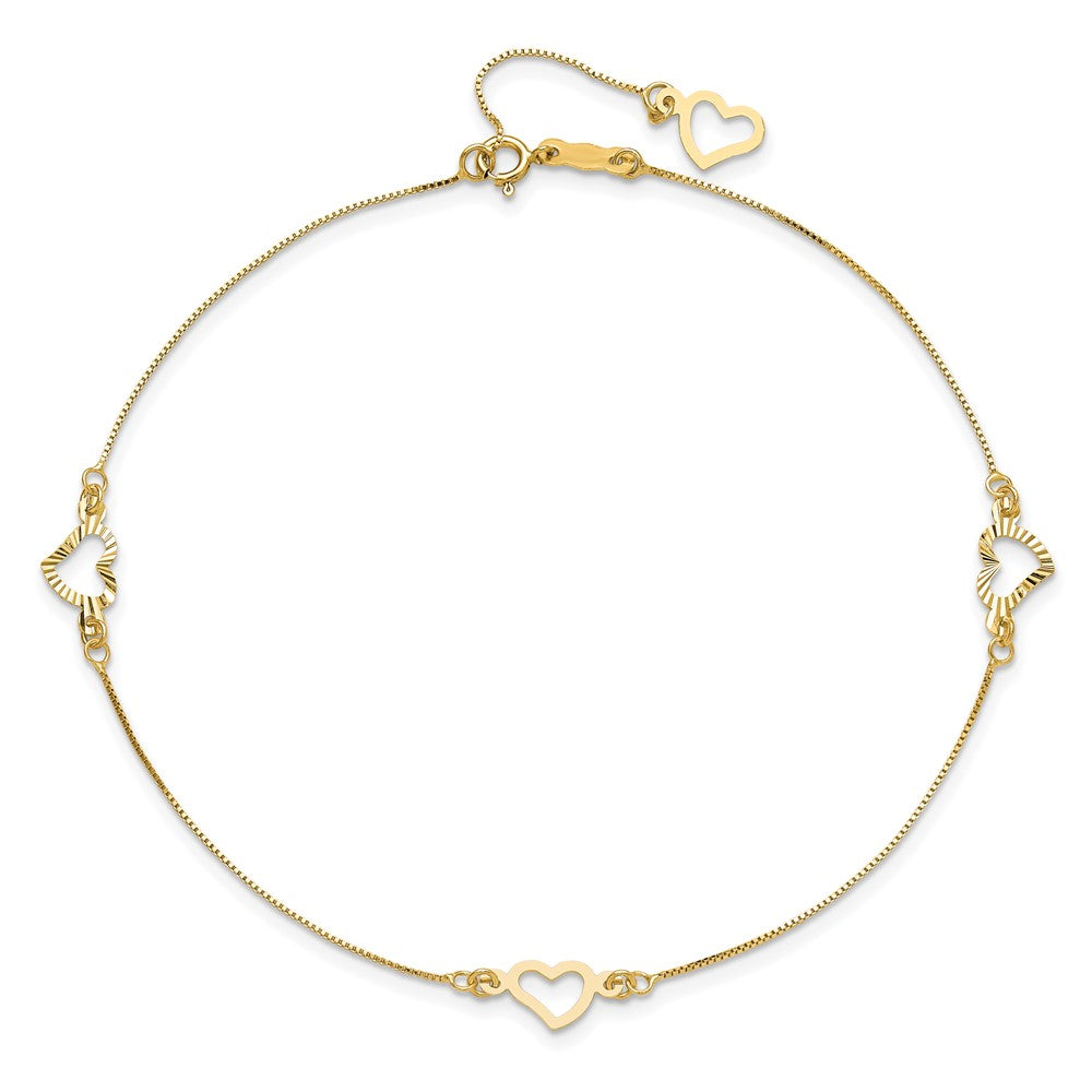14K Fancy Open Hearts 3-Station 10 inch Plus 1 inch Extender - Total 11 inch Anklet