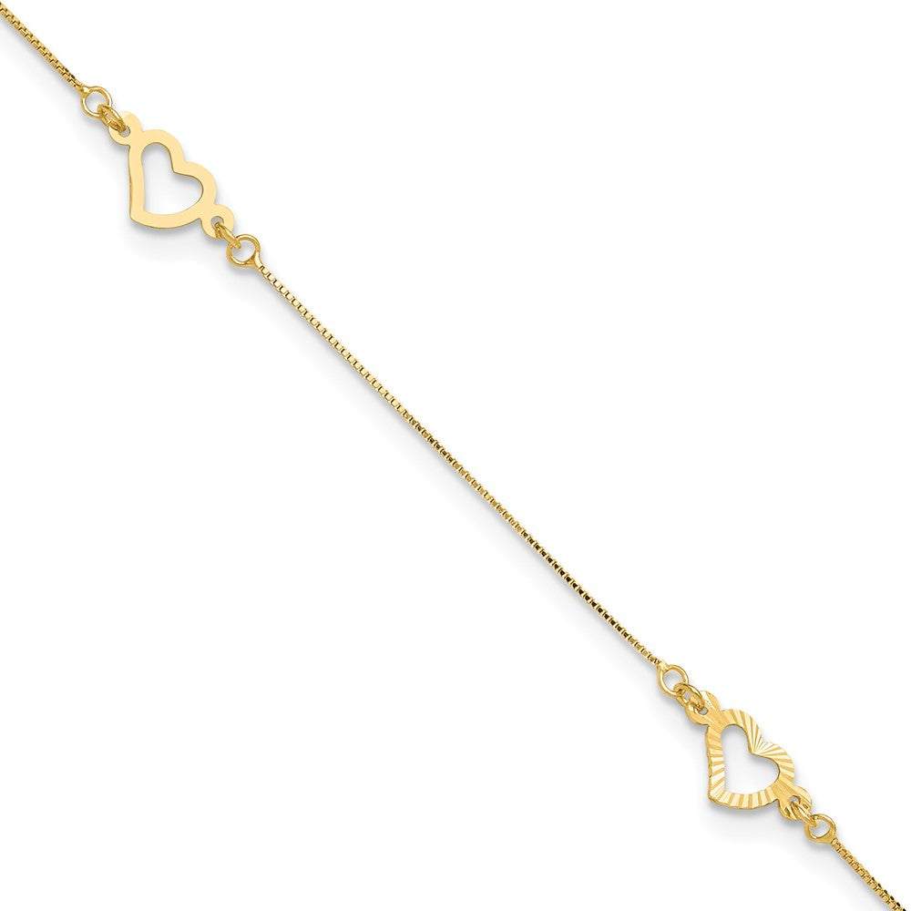 14K Fancy Open Hearts 3-Station 10 inch Plus 1 inch Extender - Total 11 inch Anklet