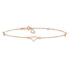 14K Rose Gold Fancy Open Hearts 3-Station 9 inch Plus 1 inch Extender - Total 10 inch Anklet