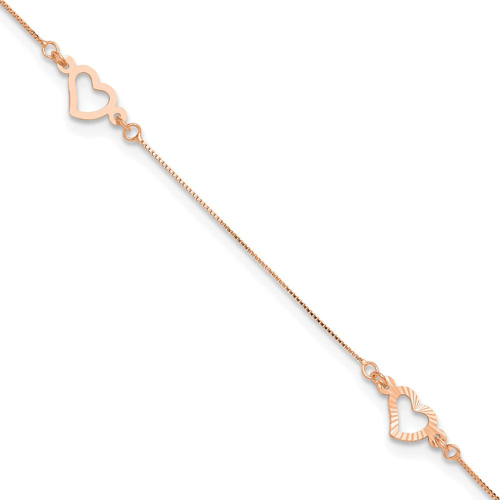 14K Rose Gold Fancy Open Hearts 3-Station 9 inch Plus 1 inch Extender - Total 10 inch Anklet
