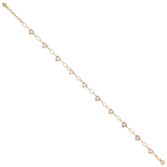 14k Two-tone Hammered Open Hearts and Oval Link 9 inch Plus 1 inch Extender - Total 10 inch Anklet