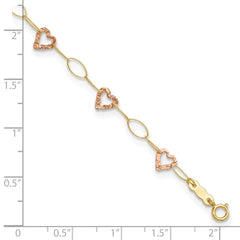 14k Two-tone Hammered Open Hearts and Oval Link 9 inch Plus 1 inch Extender - Total 10 inch Anklet