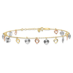 14K Tri-Color Dangle Hearts 9 inch Plus 1 inch Extender - Total 10 inch Anklet
