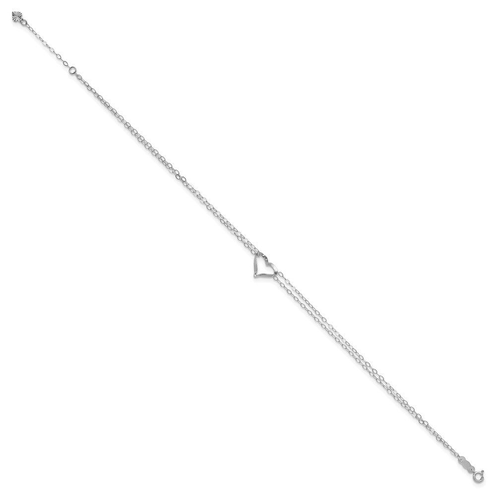 14k White Gold Double Strand Chain Twisted Heart 9 inch Plus 1 inch Extender - Total 10 inch Anklet