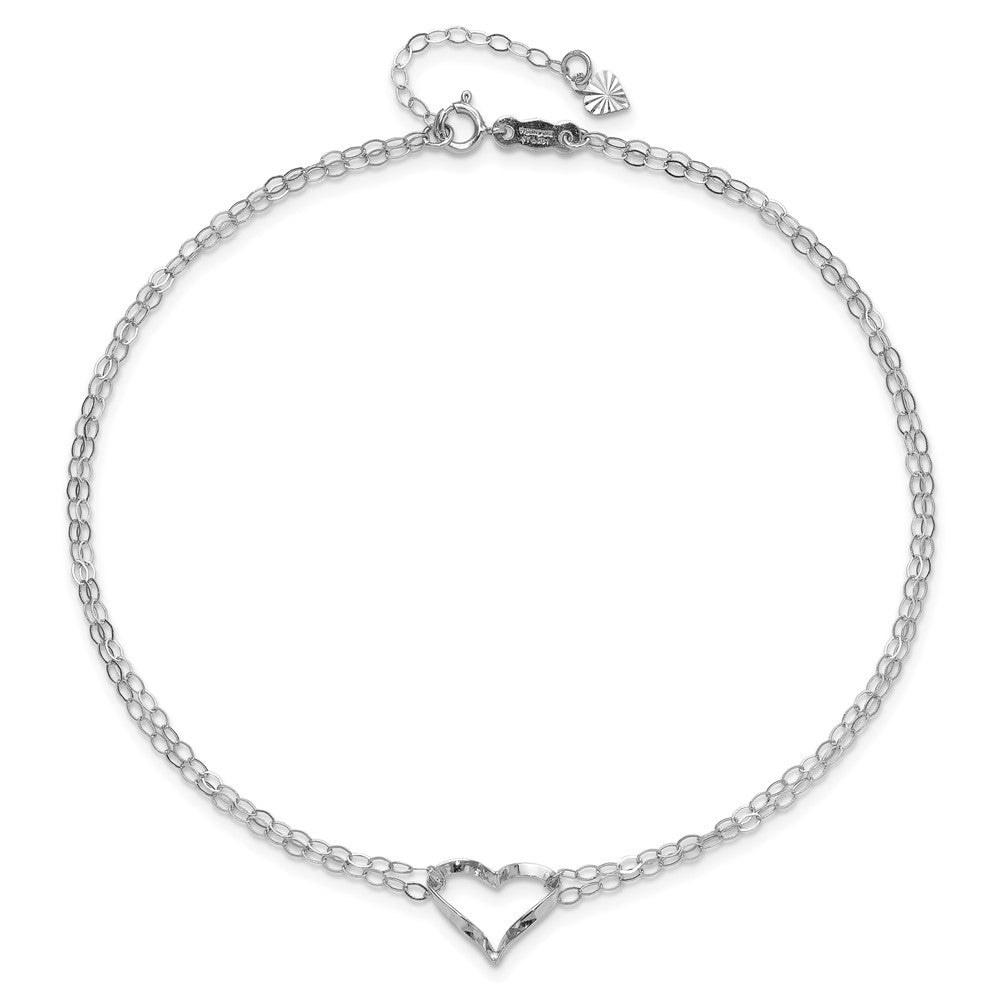 14k White Gold Double Strand Chain Twisted Heart 9 inch Plus 1 inch Extender - Total 10 inch Anklet