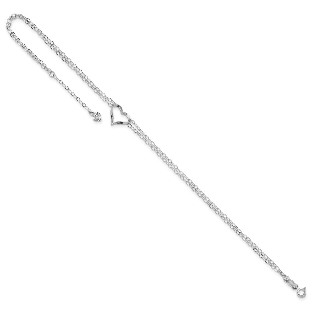 14k White Gold Double Strand Chain Twisted Heart 9 inch Plus 1 inch Extender - Total 10 inch Anklet
