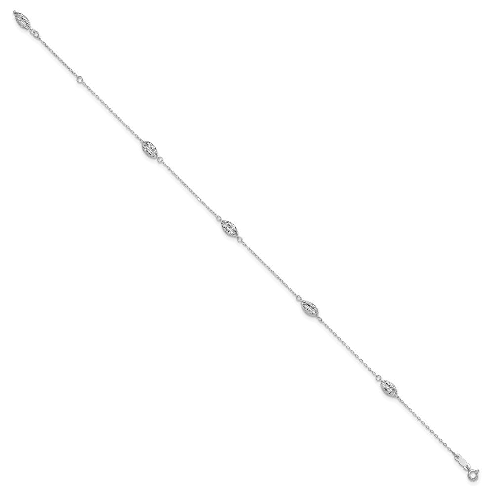 14k White Gold Diamond-cut Rice Puff Beads 4-Station 10 inch Plus 1 inch Extender - Total 11 inch Anklet