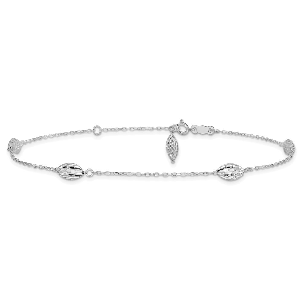 14k White Gold Diamond-cut Rice Puff Beads 4-Station 9 inch Plus 1 inch Extender - Total 10 inch Anklet