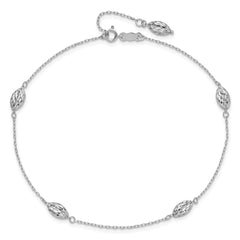 14k White Gold Diamond-cut Rice Puff Beads 4-Station 9 inch Plus 1 inch Extender - Total 10 inch Anklet