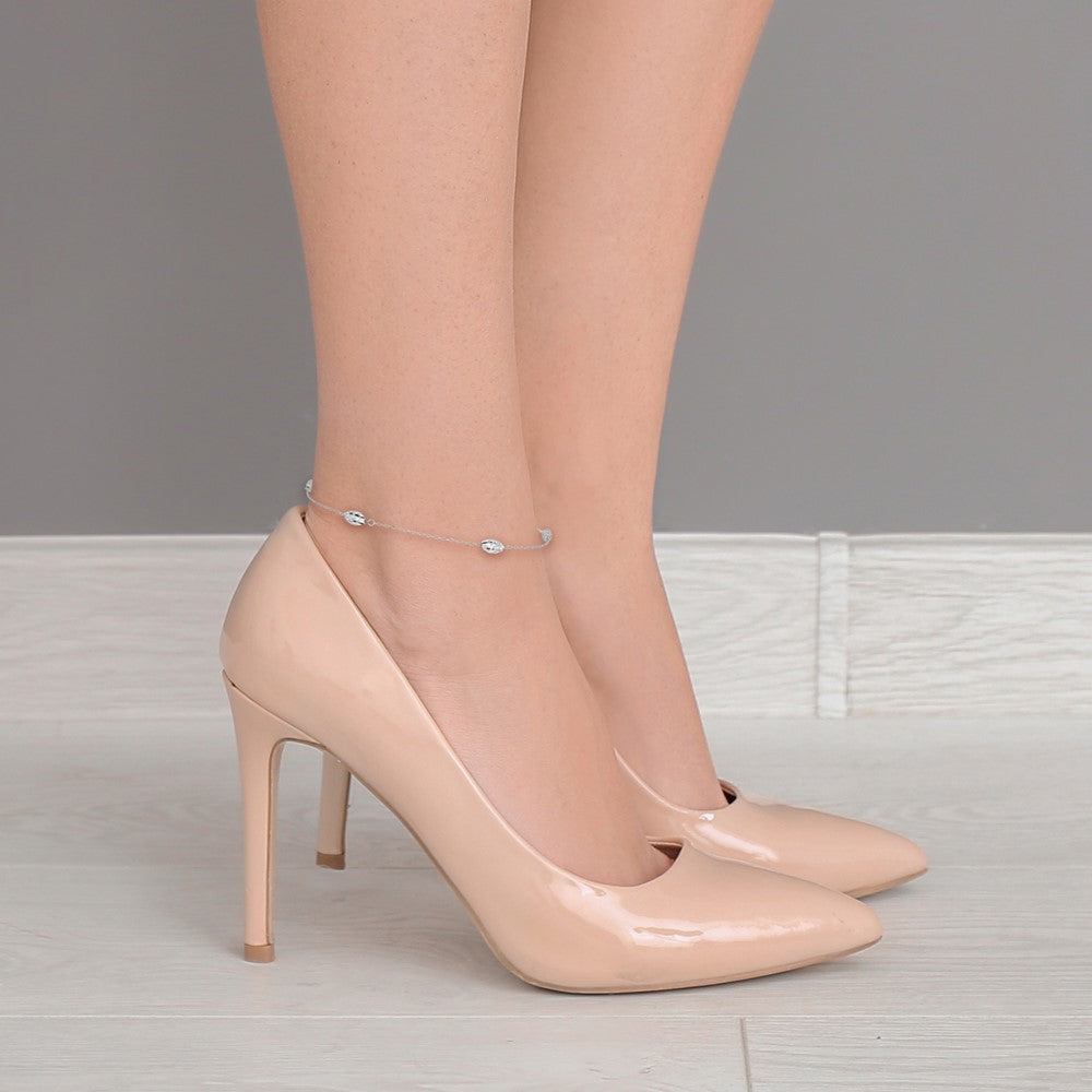 14k White Gold Diamond-cut Rice Puff Beads 4-Station 9 inch Plus 1 inch Extender - Total 10 inch Anklet