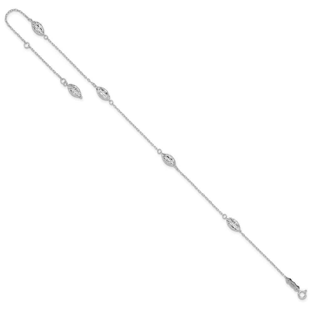 14k White Gold Diamond-cut Rice Puff Beads 4-Station 9 inch Plus 1 inch Extender - Total 10 inch Anklet