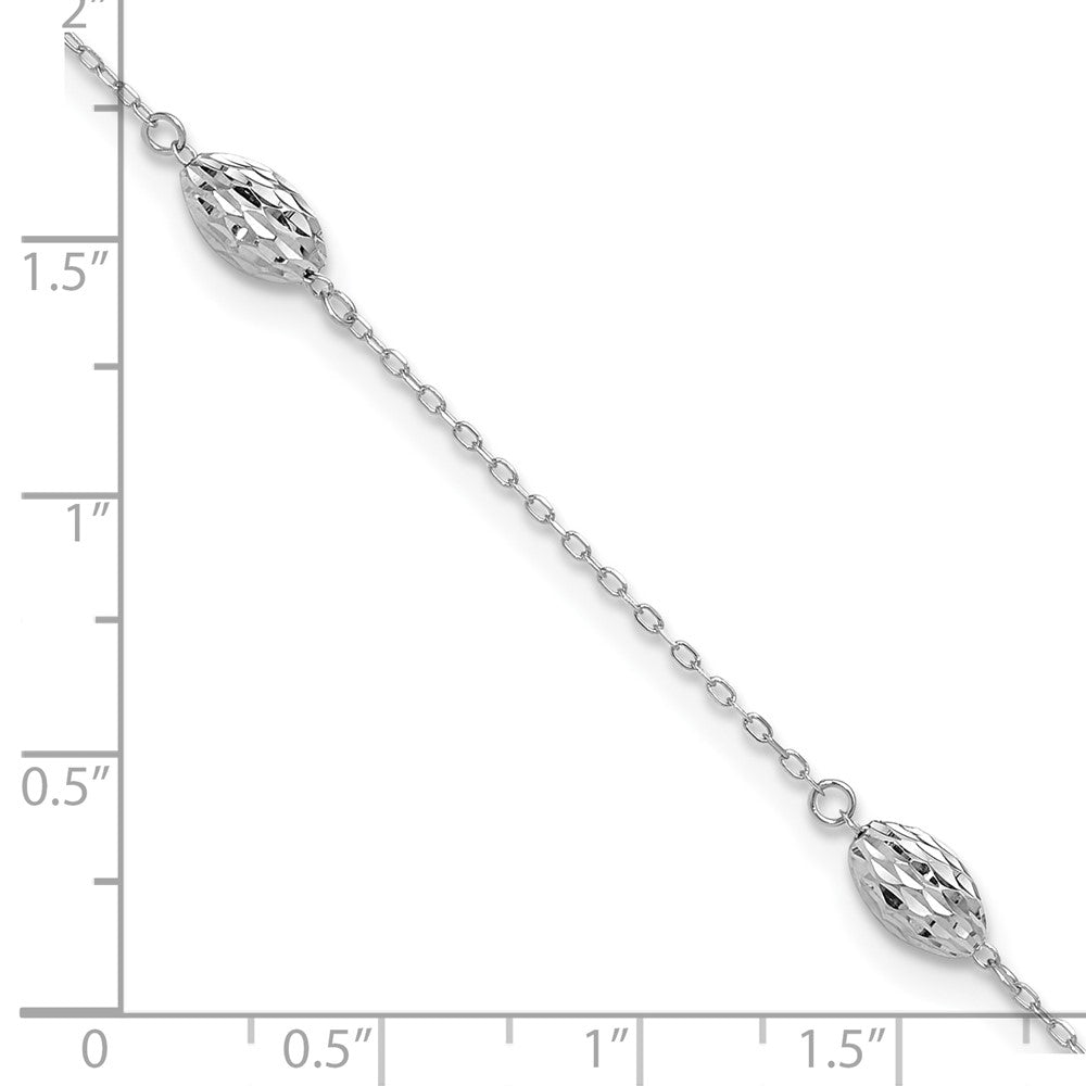 14k White Gold Diamond-cut Rice Puff Beads 4-Station 9 inch Plus 1 inch Extender - Total 10 inch Anklet