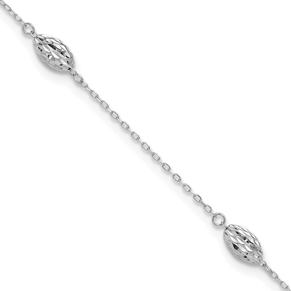 14k White Gold Diamond-cut Rice Puff Beads 4-Station 9 inch Plus 1 inch Extender - Total 10 inch Anklet