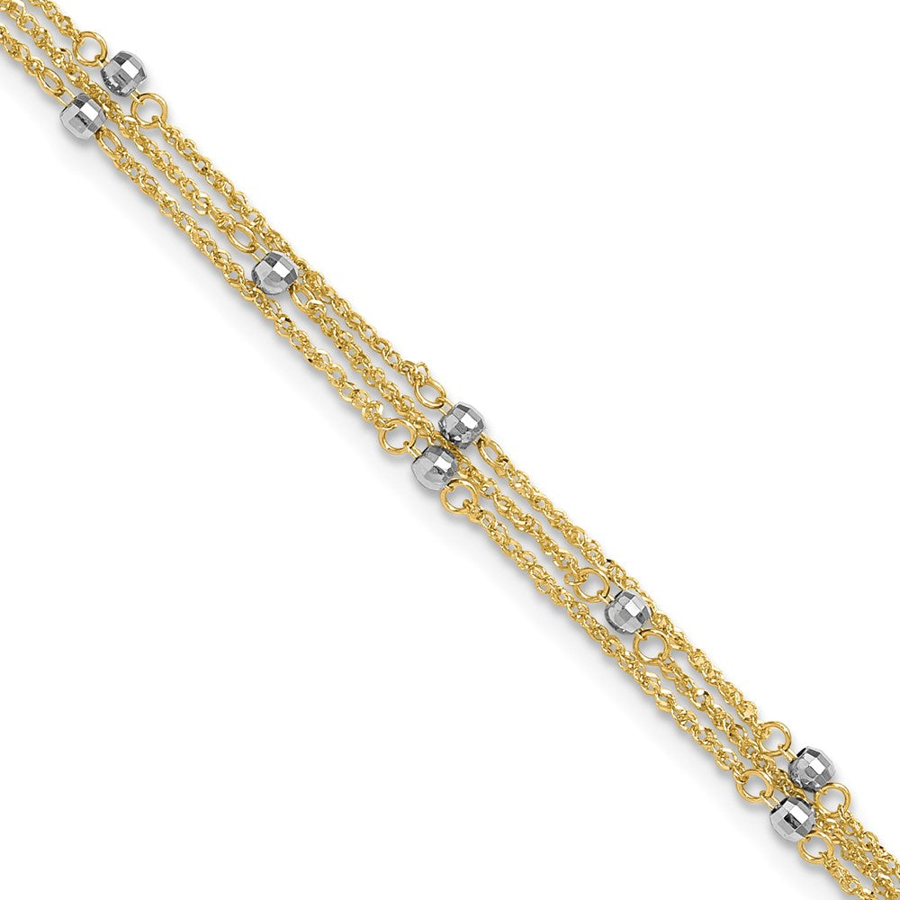14k Two-tone 3-Strand Chain with Mirror Beads 10 inch Plus 1 inch Extender - Total 11 inch Anklet