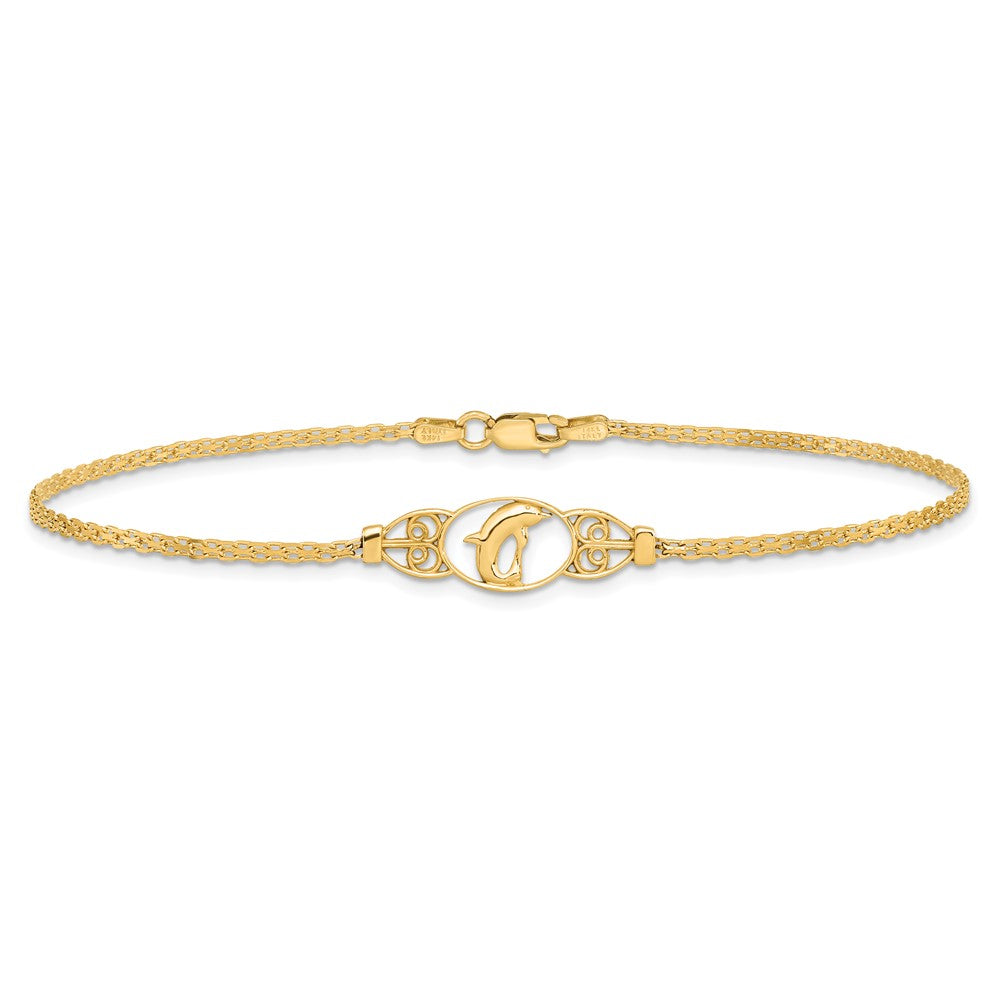 14k Polished Dolphin and Filigree Bismark Chain 10 inch Anklet