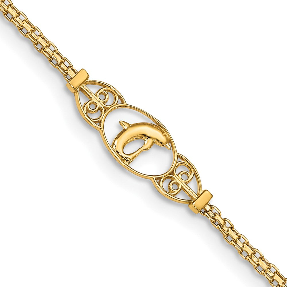 14k Polished Dolphin and Filigree Bismark Chain 10 inch Anklet