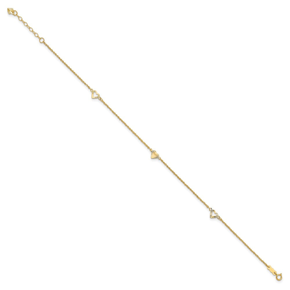 14k Diamond-cut Hearts 3-Station 10 inch Plus 1 inch Extender - Total 11 inch Anklet