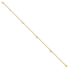 14k Diamond-cut Hearts 3-Station 10 inch Plus 1 inch Extender - Total 11 inch Anklet