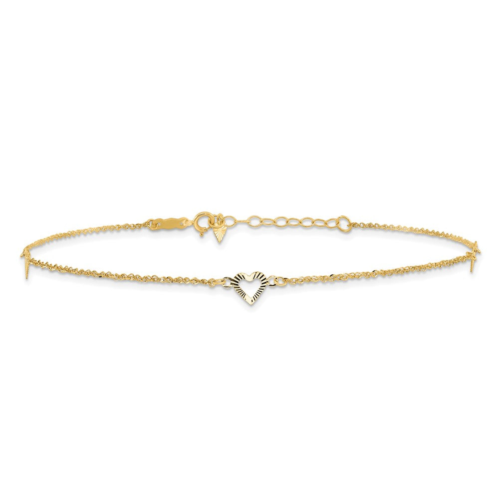 14k Diamond-cut Hearts 3-Station 10 inch Plus 1 inch Extender - Total 11 inch Anklet