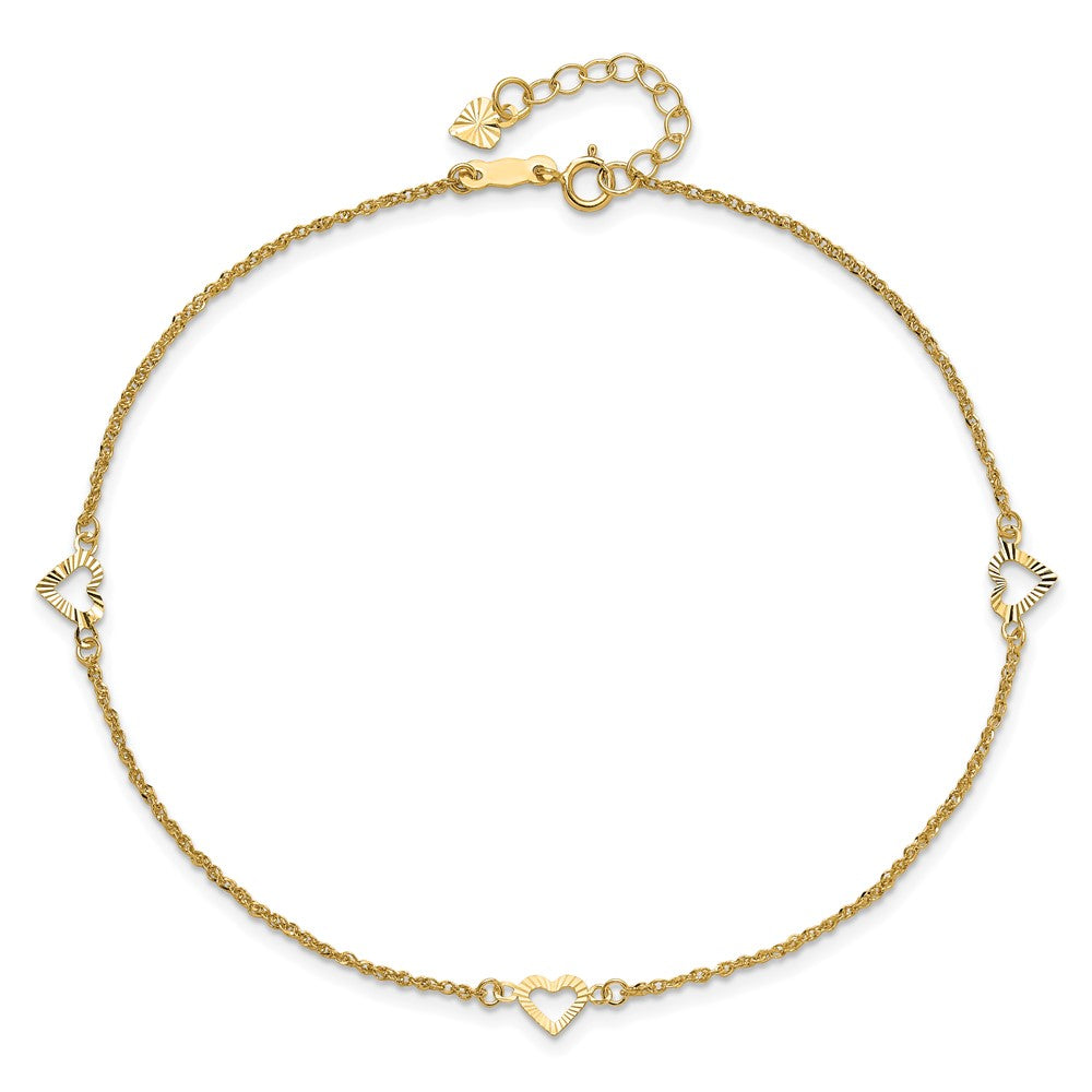14k Diamond-cut Hearts 3-Station 10 inch Plus 1 inch Extender - Total 11 inch Anklet