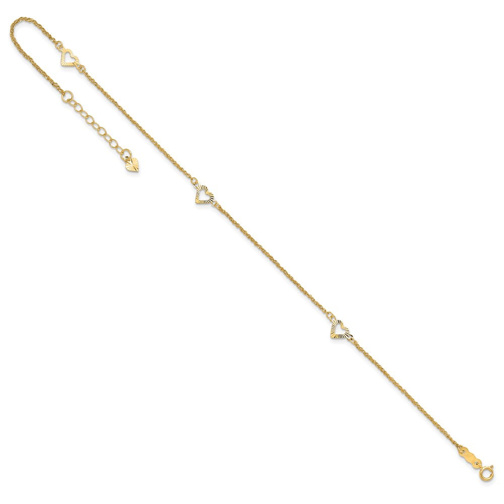 14k Diamond-cut Hearts 3-Station 10 inch Plus 1 inch Extender - Total 11 inch Anklet