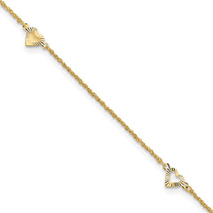 14k Diamond-cut Hearts 3-Station 10 inch Plus 1 inch Extender - Total 11 inch Anklet