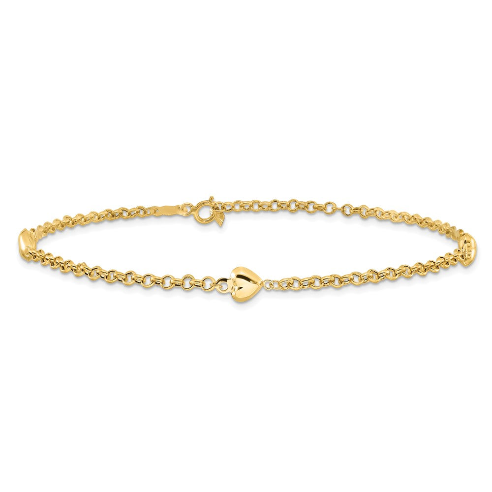 14k Polished Puffed Heart 3-Station 10 inch Anklet