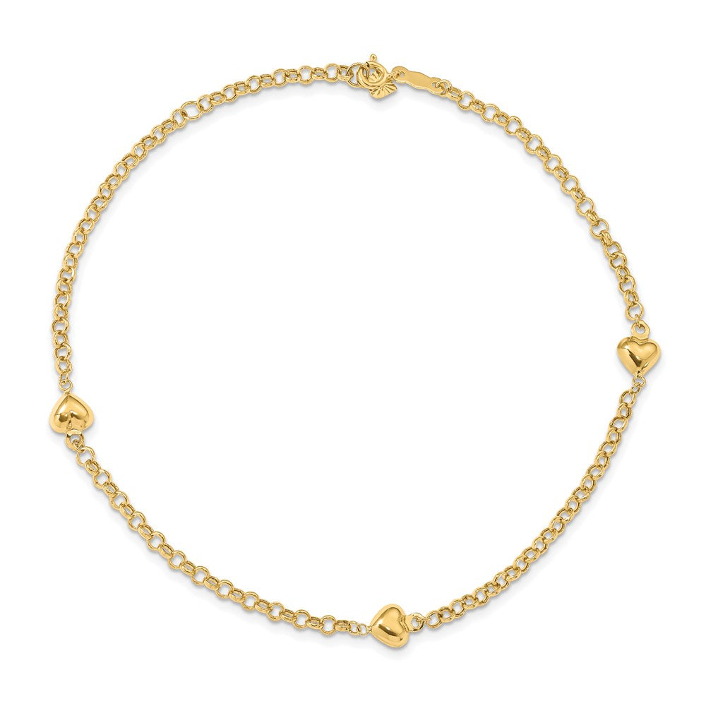 14k Polished Puffed Heart 3-Station 10 inch Anklet