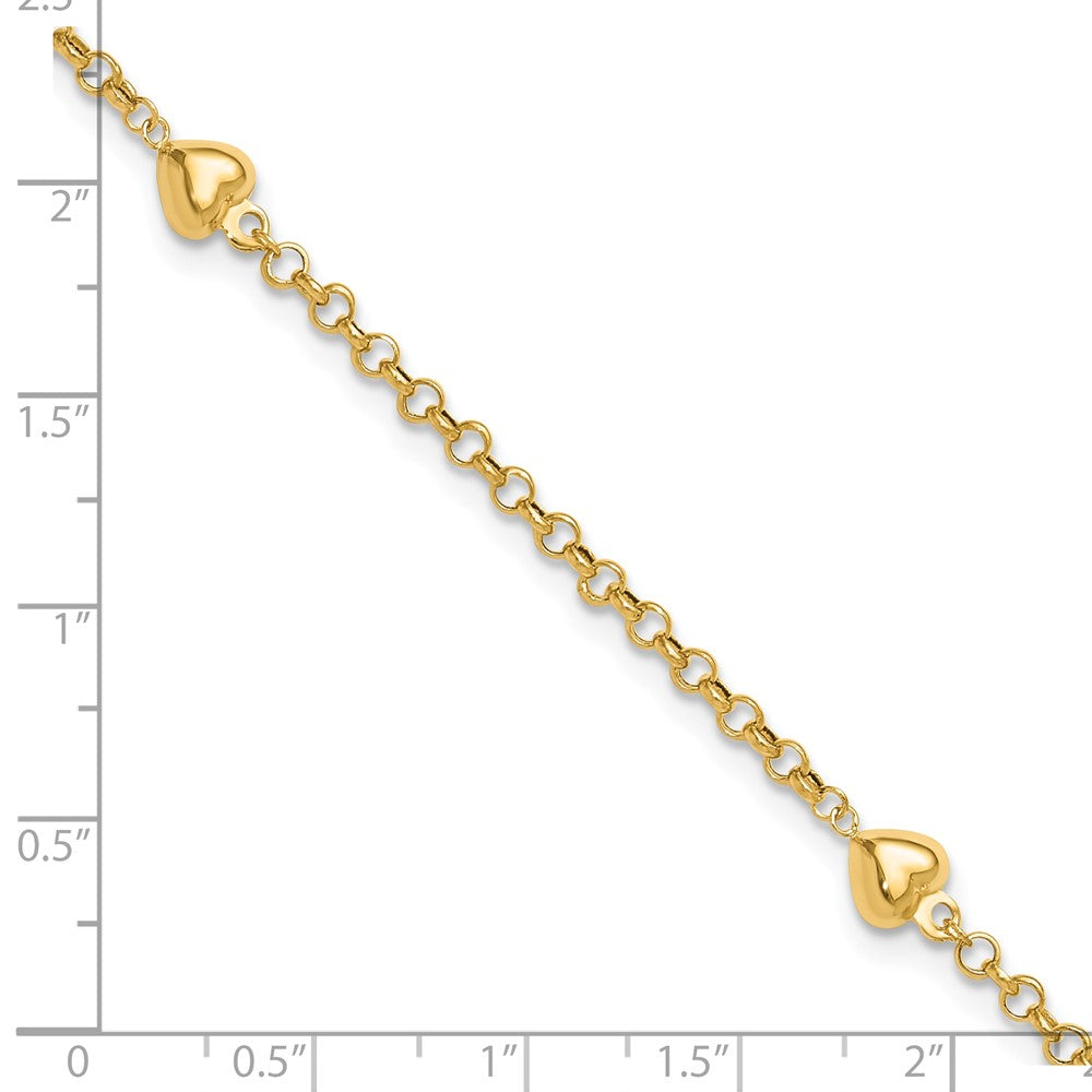 14k Polished Puffed Heart 3-Station 10 inch Anklet