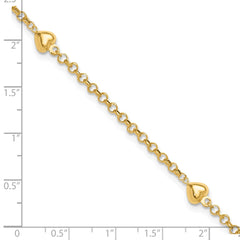 14k Polished Puffed Heart 3-Station 10 inch Anklet