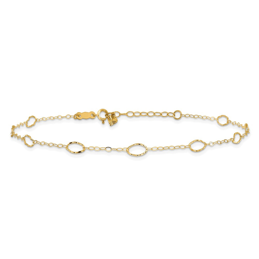 14k Textured Oval Shapes 9 inch Plus 1 inch Extender - Total 10 inch Anklet