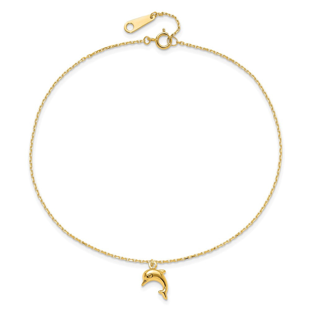 14k Dolphin Charm Dangle 9 inch Plus 1 inch Extender - Total 10 inch Anklet