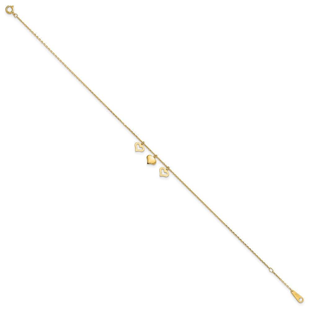 14k Three Heart Dangles 10 inch Plus 1 inch Extender - Total 11 inch Anklet