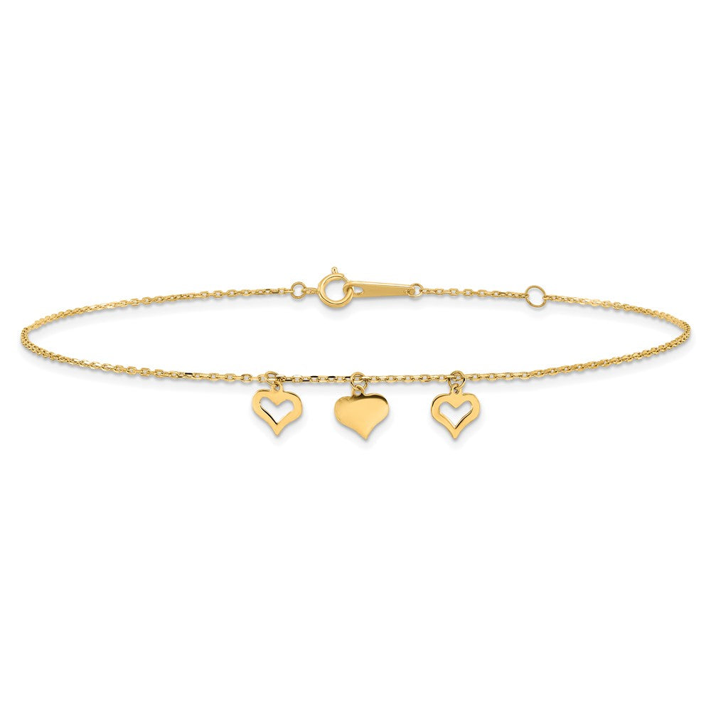 14k Three Heart Dangles 10 inch Plus 1 inch Extender - Total 11 inch Anklet