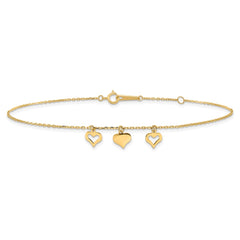 14k Three Heart Dangles 9 inch Plus 1 inch Extender - Total 10 inch Anklet