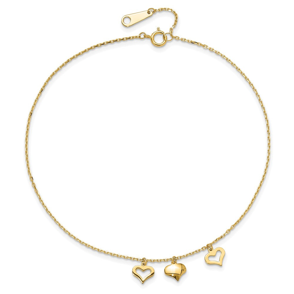 14k Three Heart Dangles 10 inch Plus 1 inch Extender - Total 11 inch Anklet