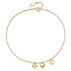 14k Three Heart Dangles 10 inch Plus 1 inch Extender - Total 11 inch Anklet