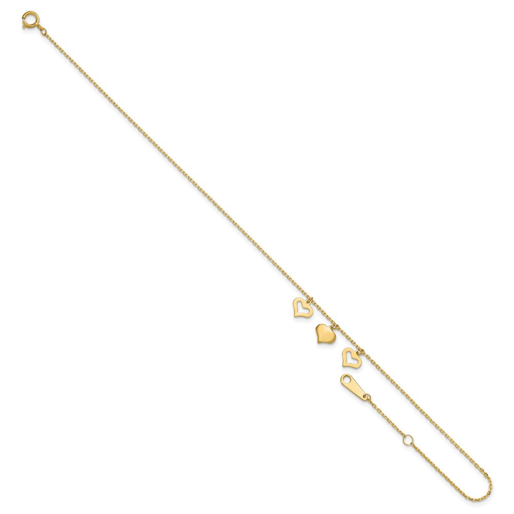 14k Three Heart Dangles 10 inch Plus 1 inch Extender - Total 11 inch Anklet