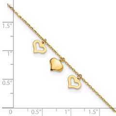 14k Three Heart Dangles 9 inch Plus 1 inch Extender - Total 10 inch Anklet