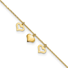 14k Three Heart Dangles 10 inch Plus 1 inch Extender - Total 11 inch Anklet