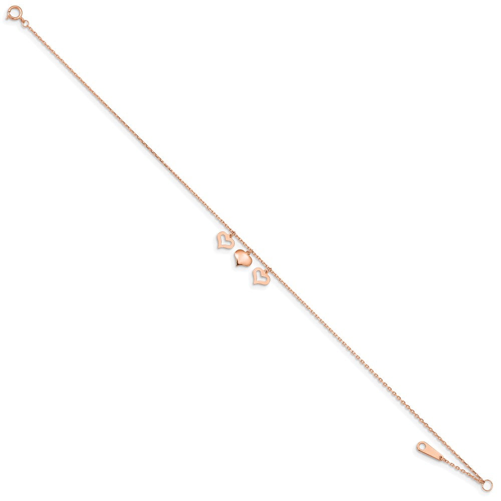 14k Rose Gold 3 Heart Dangles 9 inch Plus 1 inch Extender - Total 10 inch Anklet