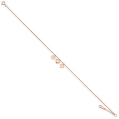 14k Rose Gold 3 Heart Dangles 9 inch Plus 1 inch Extender - Total 10 inch Anklet
