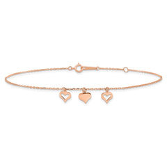 14k Rose Gold 3 Heart Dangles 9 inch Plus 1 inch Extender - Total 10 inch Anklet