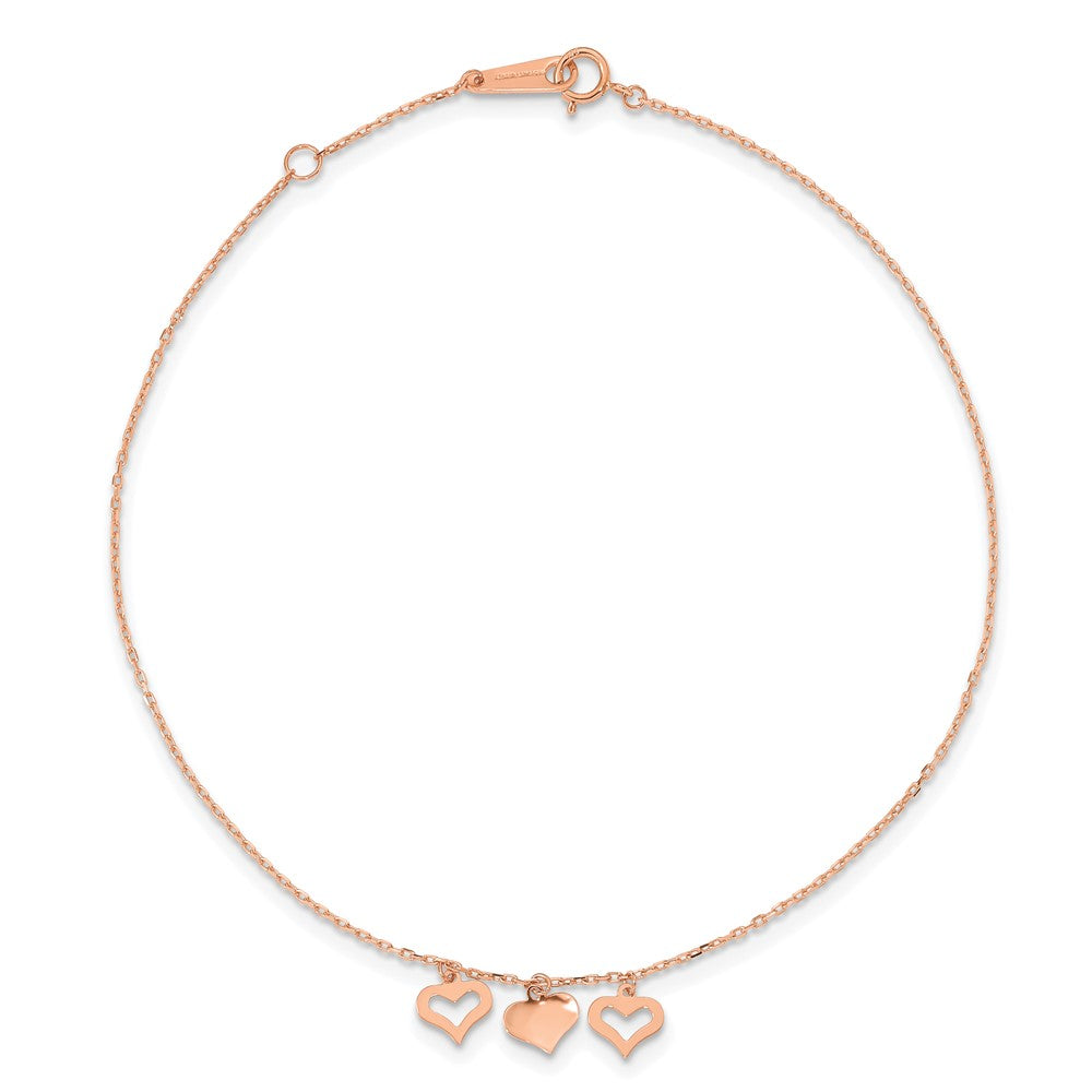 14k Rose Gold 3 Heart Dangles 9 inch Plus 1 inch Extender - Total 10 inch Anklet