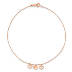 14k Rose Gold 3 Heart Dangles 9 inch Plus 1 inch Extender - Total 10 inch Anklet