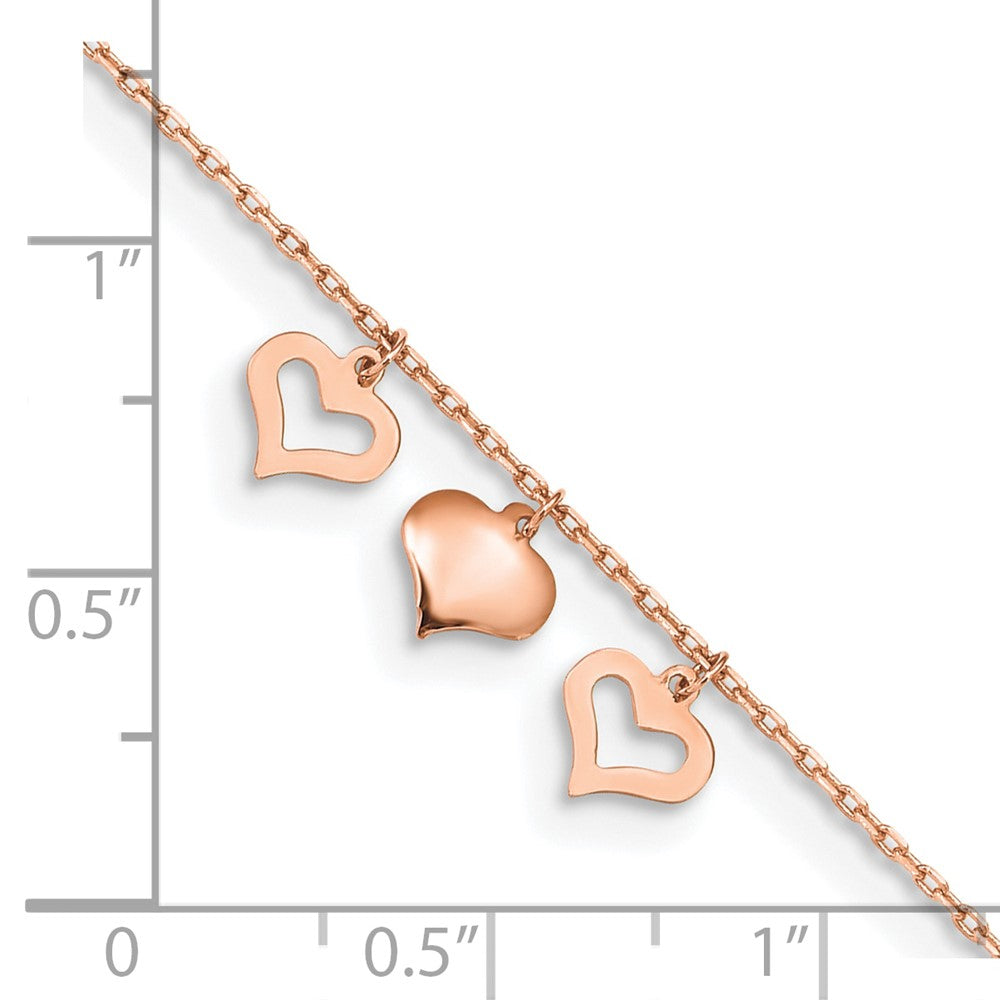 14k Rose Gold 3 Heart Dangles 9 inch Plus 1 inch Extender - Total 10 inch Anklet